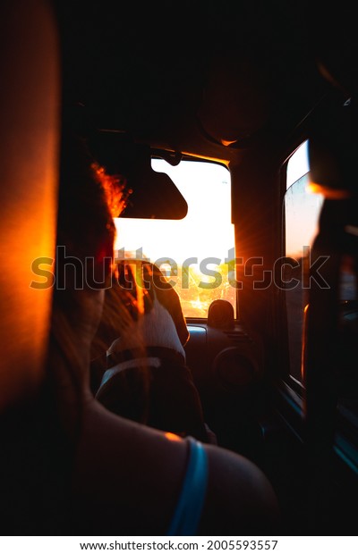 View from a\
truck back seat of a woman and beagle dog sitting in the passenger\
seat while driving on the\
highway