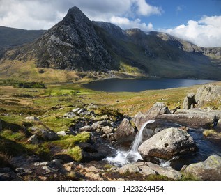 View Of Tryfan From Ogwen Valley With Waterfall Snowdonia