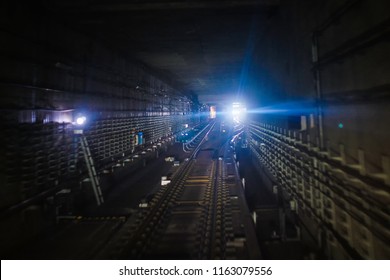 View From Tunnel At The MRT Railway Station In Singapore. The MRT Is A Component Of The Klang Valley Public Transport System.