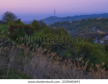 View of the TV tower of the city of Almaty in the foothills of Kazakhstan