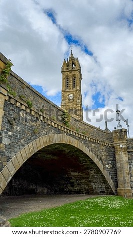 View of the Tweed Bridge and the Clock Tower located in Peebles, a town in the Scottish Borders region of Scotland.