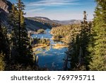 View from the Twin Lakes Overlook in Mammoth Lakes California in autumn, during the golden hour, in the Eastern Sierra Nevada mountains. 