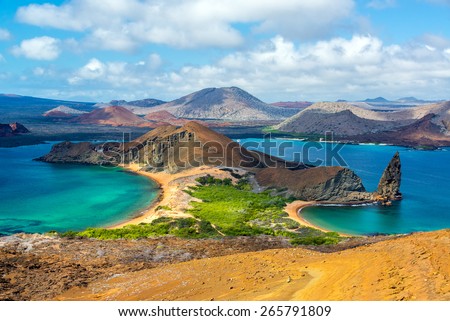 View of two beaches on Bartolome Island in the Galapagos Islands in Ecuador
