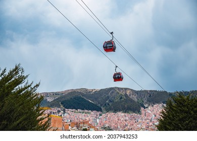 A view of two cable cars which are a part of the Teleferico system in La Paz Bolivia