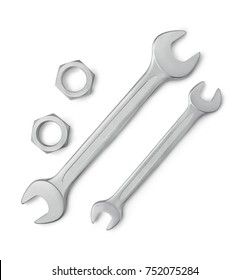Up view of two wrenches and two female screws with a soft shadow against white background. Clipping path on tools.