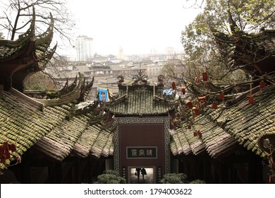 View of Typical Ancient building exterior in Dujiangyan city, Sichuan, China. Translation on wall text "Lingguan building".