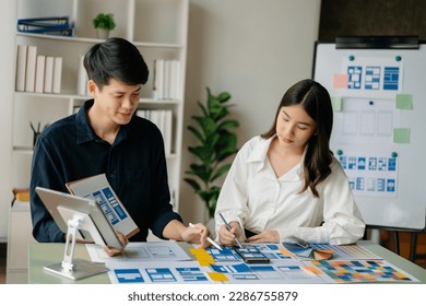 View of UI developer team brainstorming on their project with laptop, smartphone and digital tablet. Creative digital development agency. in office
 - Powered by Shutterstock