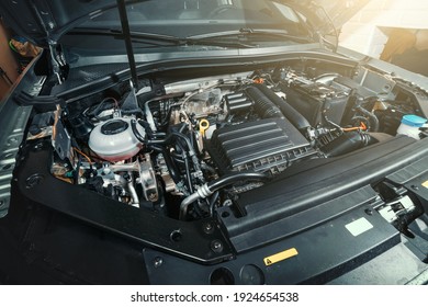 View Under Car Hood Of Modern Turbocharged Eco-friendly Engine Or Motor