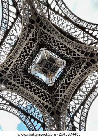 View from underneath the Eiffel Tower showing its symmetrical iron structure and blue sky