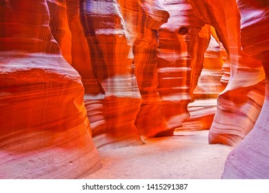 View Of Upper Antelope Canyon Shined By Sunlight With Beautiful Color In Arizona, USA.