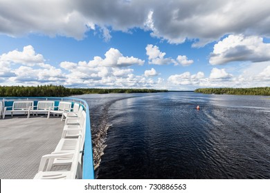 View from the upper deck of the passenger cruise ship to Belomorkanal