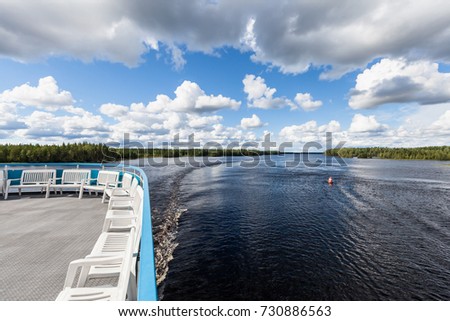 View from the upper deck of the passenger cruise ship to Belomorkanal