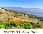 View of Upper Galilee countryside, with the Hula Valley (upper Jordan River valley) and Mount Hermon in the background, Northern Israel