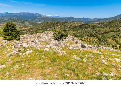 A view from the upper level of the ruins of the archaeological site of Mycenae in Greece in early summertime