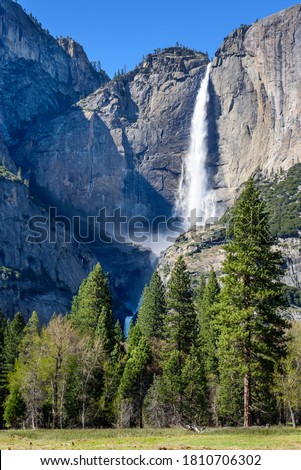 View of Upper and Lower Yosemite fall with blue sky in springtime, Yosemite Nation Park, California