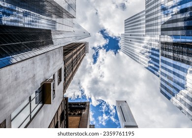 View of Upper West Side NYC Skyscrapers and cloud reflections, New York, USA
