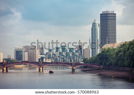 View upstream from Westminster Bridge to Lambeth Bridge with St Georges Wharf Tower, or Vauxhall Tower, residential skyscraper