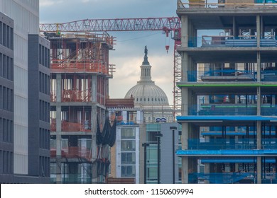 View Of The U.S. Capitol From  Nationals Park In Washington, DC. New Construction Around The Stadium Is Obstructing All But A Narrow View Of The Dome. 