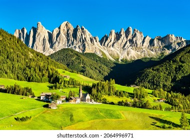 View of Val di Funes with the Chruch of Santa Maddalena in the Dolomites Mountains. UNESCO world heritage in South Tyrol, Italy