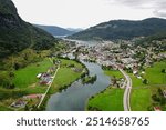 View of valley, glacier river and houses in Stryn, Norway.