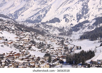 view of the valley of la clusaz in the alps france