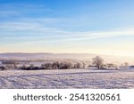 View of a valley in a rural landscape with snow and hoarfrost on a cold foggy winter day