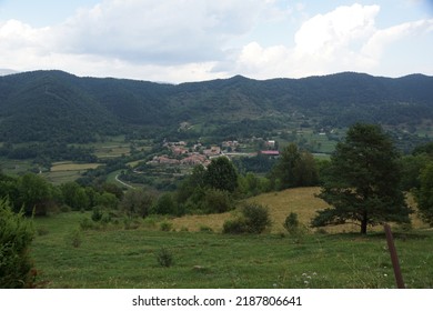 View of Vallfogona from the road to Milany Castle, Vallfogona del Ripollès, Ripollès, Girona - Shutterstock ID 2187806641