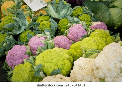 A view of a variety of cauliflowers, on display at a local farmers market. - Powered by Shutterstock