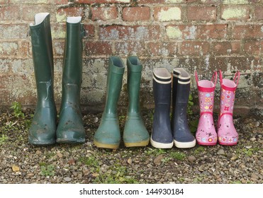 View of a variety of rubber boots in a row