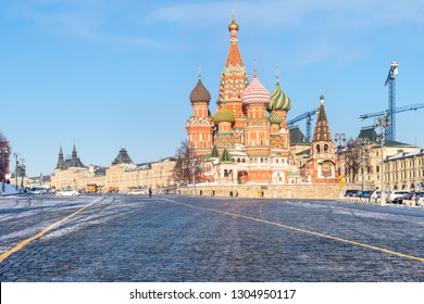 view of Vasily the Blessed (Saint Basil, Pokrovsky) Cathedral in Moscow city from Vasilevsky Spusk (Descent) of Red Square in sunny winter day