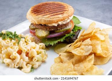 A View Of A Veggie Patty Burger, Featuring, Macaroni Salad And Potato Chips On A Plate.