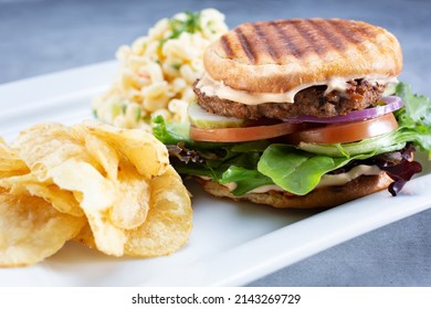 A View Of A Veggie Patty Burger, Featuring, Macaroni Salad And Potato Chips On A Plate.