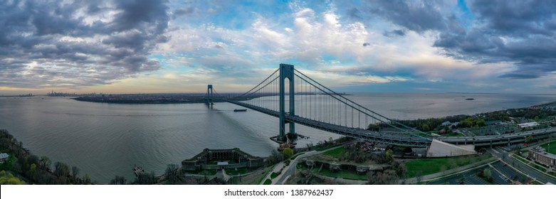 View of the Verrazano Narrows Bridge from Staten Island onto Brooklyn and Manhattan in New York City.