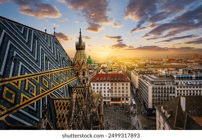 View of Vienna from the roof of St. Stephen's Cathedral, Vienna, Austria. St. Stephen's Cathedral is a symbol and landmark of the city of Vienna. - Powered by Shutterstock