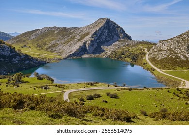 View from the viewpoint of entrelagos in the Lakes of Covadonga. Asturias, Spain.