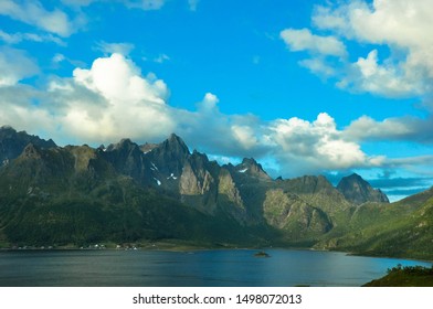 View From Viewpoint, Mountains On Lofoten Islands, Norway