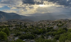 A View Of The Village Of Chrisso And The Crissaean Gulf In Central Greece After An Evening Thunderstorm