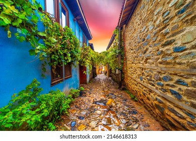 Las vistas a la calle del pueblo, muy bonitas gracias a sus pavimentos de piedra. Paisaje de pueblo en verano. Aldea de Cumalikizik en patrimonio cultural de la UNESCO. hermosa calle colorida. Uludag, Bursa Turquía.