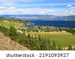 View of vineyards and Okanagan Lake in Westbank, West Kelowna, British Columbia, Canada located in the Okanagan Valley.