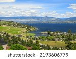 View of vineyards and Okanagan Lake in Westbank, West Kelowna, British Columbia, Canada located in the Okanagan Valley.