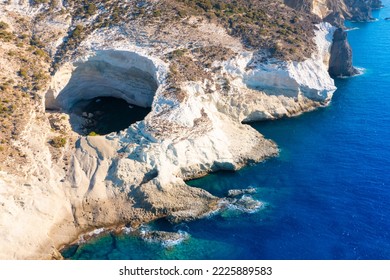 View of the volcanic open cave of Sykia, Milos island, Cyclades, Greece - Shutterstock ID 2225889583