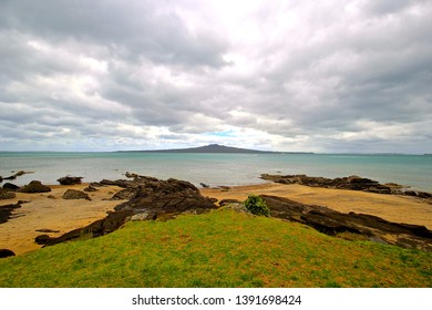 View of a volcano from a beach