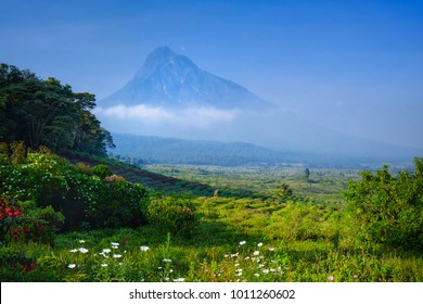 View of a volcano in the Virunga National Park in the Democratic Republic of Congo, Africa