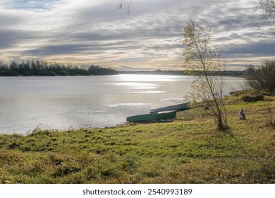 View of the Volkhov River with fishing boats on the shore and a dog enjoying the scenic landscape. - Powered by Shutterstock