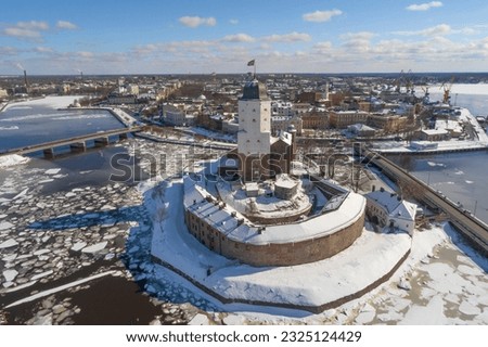 View of the Vyborg castle and the historic center of Vyborg on a sunny March day (aerial view). Leningrad region, Russia