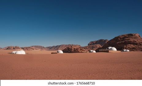 View Of Wadi Rum Desert (Valley Of The Moon) With Desert Camps And Luxury Bubble Tents, Jordan. Arabian Desert