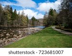 A view of walk path and Dee river in Balmoral Castle estate, Aberdeenshire, Scotland