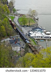 View From Walkway Over The Hudson, Hudson River Valley With Passing Freight Train, NY USA