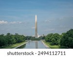 View of the Washington Monument taken from the steps of the Lincoln Memorial in the Summer.