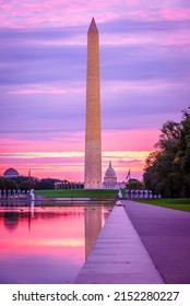 View of Washington Monument and United States Capitol fromLincoln Memorial Reflecting Pool at sunrise in Washington DC, USA. - Shutterstock ID 2152280227
